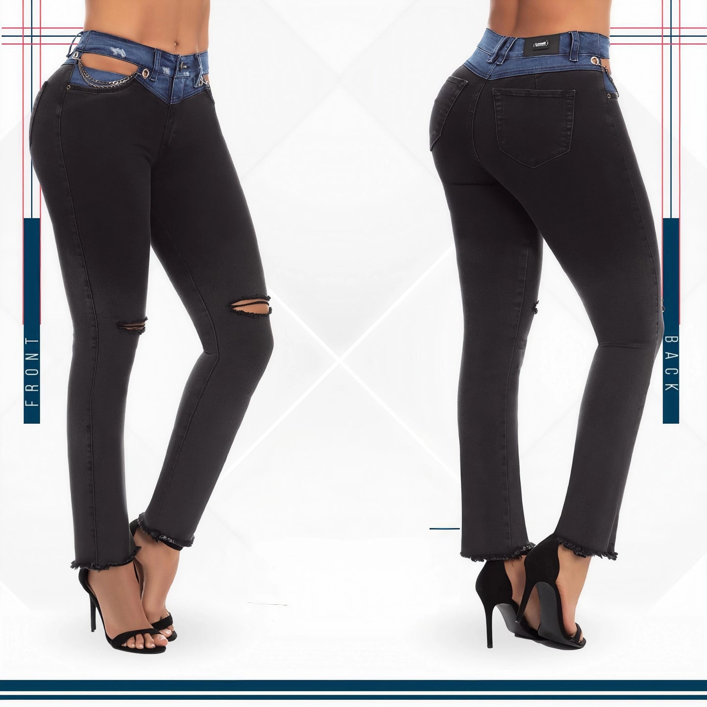 Jean Ultra Premium Bordado con acabado de Lujo y Mezclilla azul en cintura.