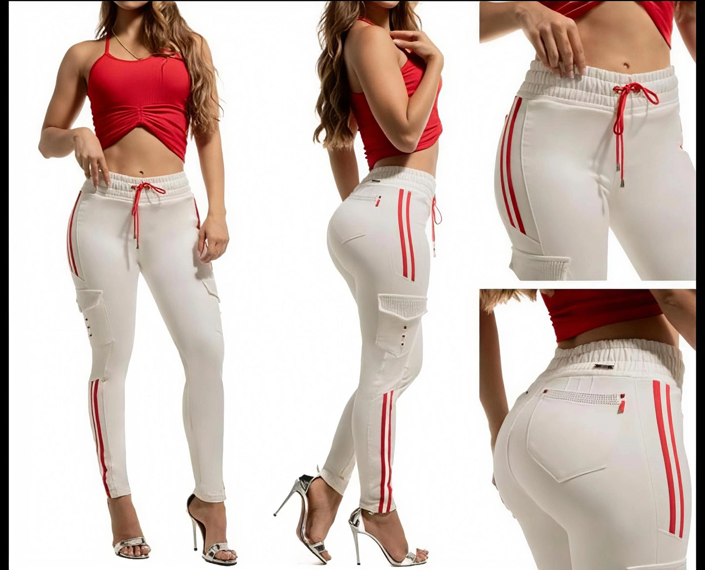 Pantalón Cargo Tela Rayas Roja Lateral