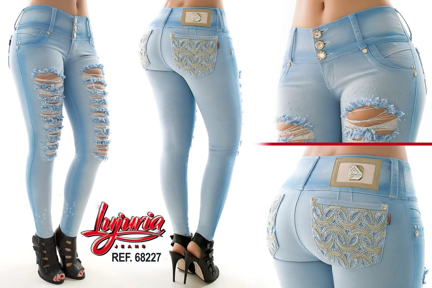 Jean Ultra Premium Bordado y Pedrería en Bolsillo y Rasgado Frontal.