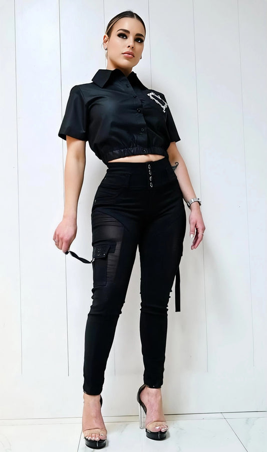 Conjunto Pantalón Cargo + Blusa 2 Piezas Efecto Cuero + Mezclilla