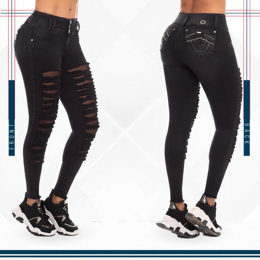 Jean Ultra Premium Bordado con acabado de Lujo y Rasgado Frontal.