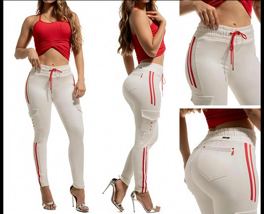 Pantalón Cargo Tela Rayas Roja Lateral