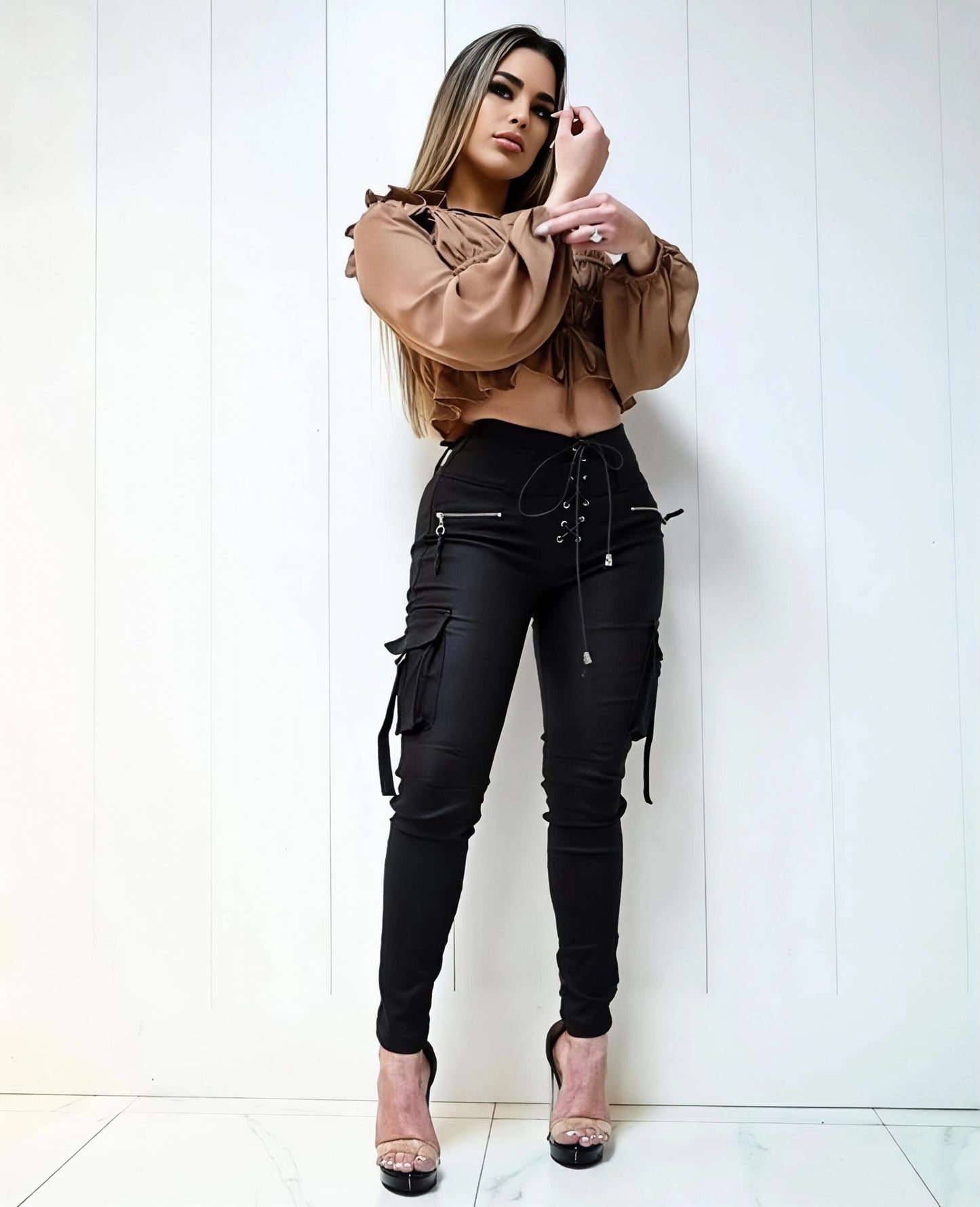 Conjunto Pantalón Cargo + Blusa 2 Piezas Efecto Cuero