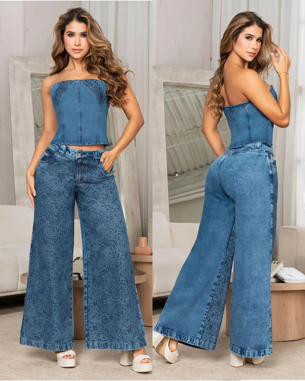 Conjunto Jeans de Mezclilla Wide Leg - Confección Premium corte corazón - Denim Premium