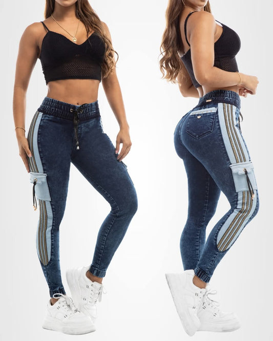 Pantalón Cargo Mezclilla Costado Rayas Celeste