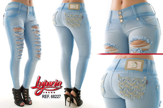 Jean Ultra Premium Bordado y Pedrería en Bolsillo y Rasgado Frontal.