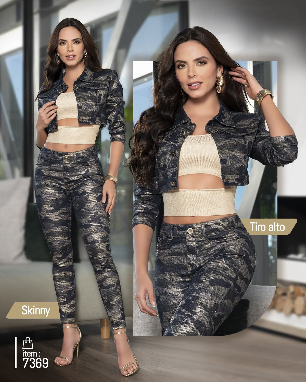 Pantalón de Cuero Gris Camuflaje + Chaqueta- Acabado Premium - Corte Corazón - Denim Premium